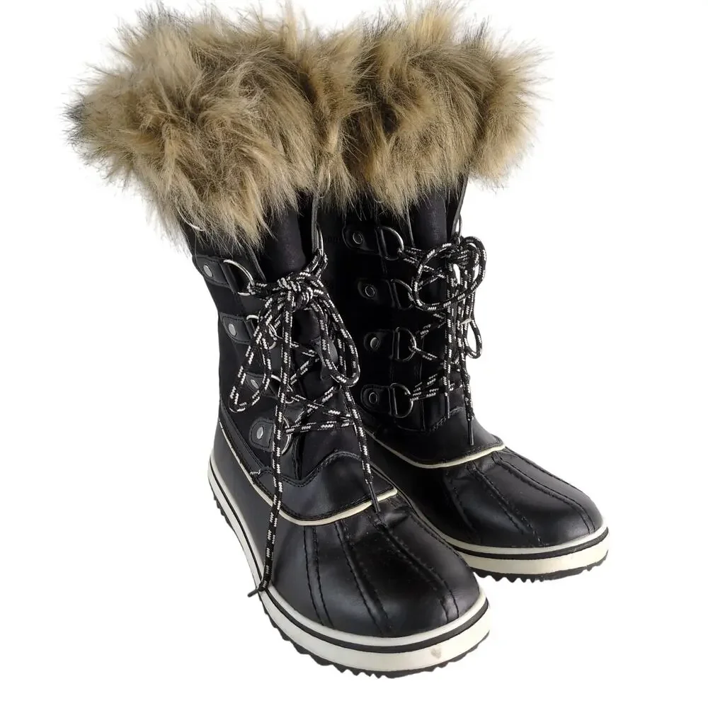 Globalwin Women's 8 Faux Fur‎ Trimmed Insulated Quilted Winter Snow Boots Black